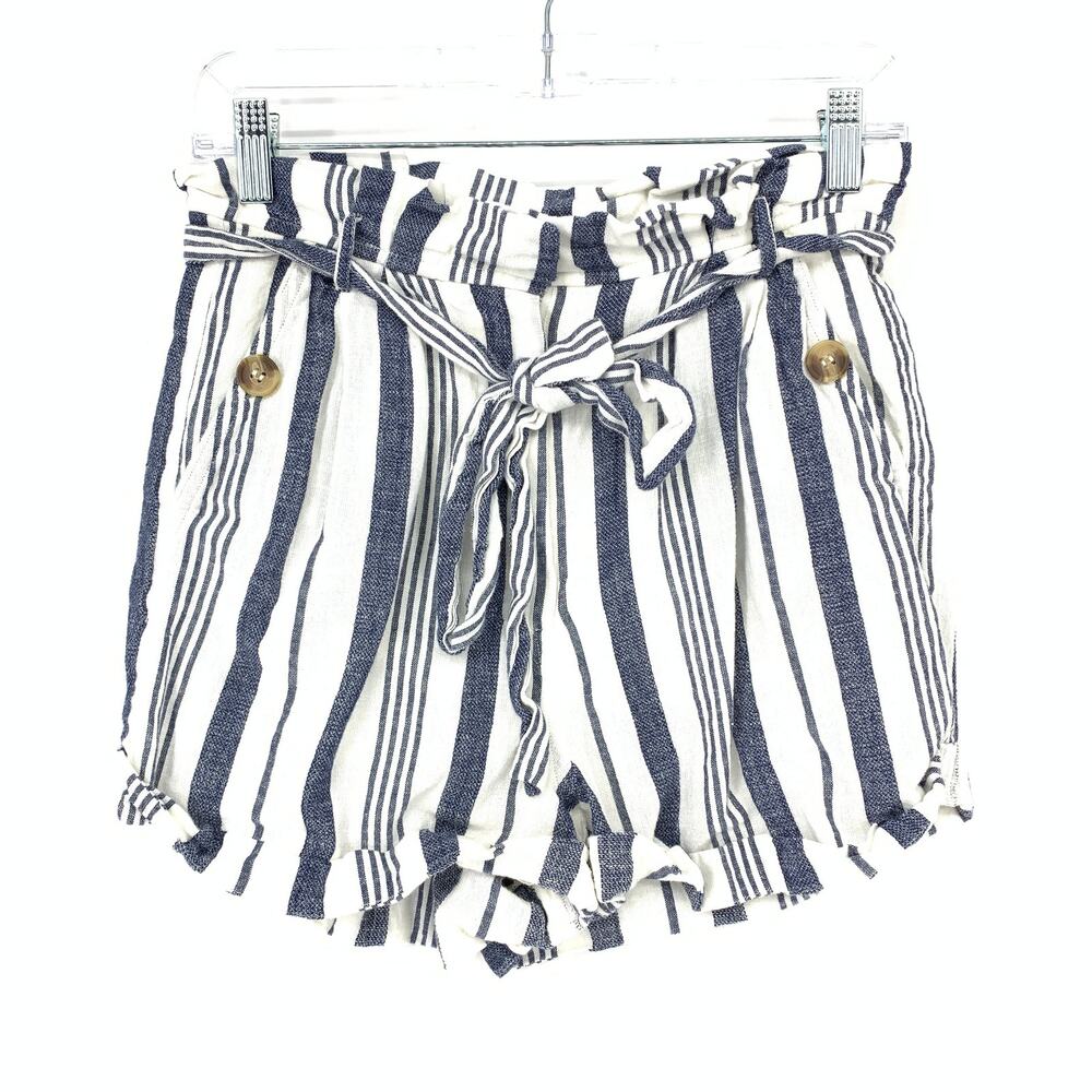 Topshop Shorts Women's Size 6 Cotton-Linen Striped Paper Bag White/Blue - Picture 1 of 7